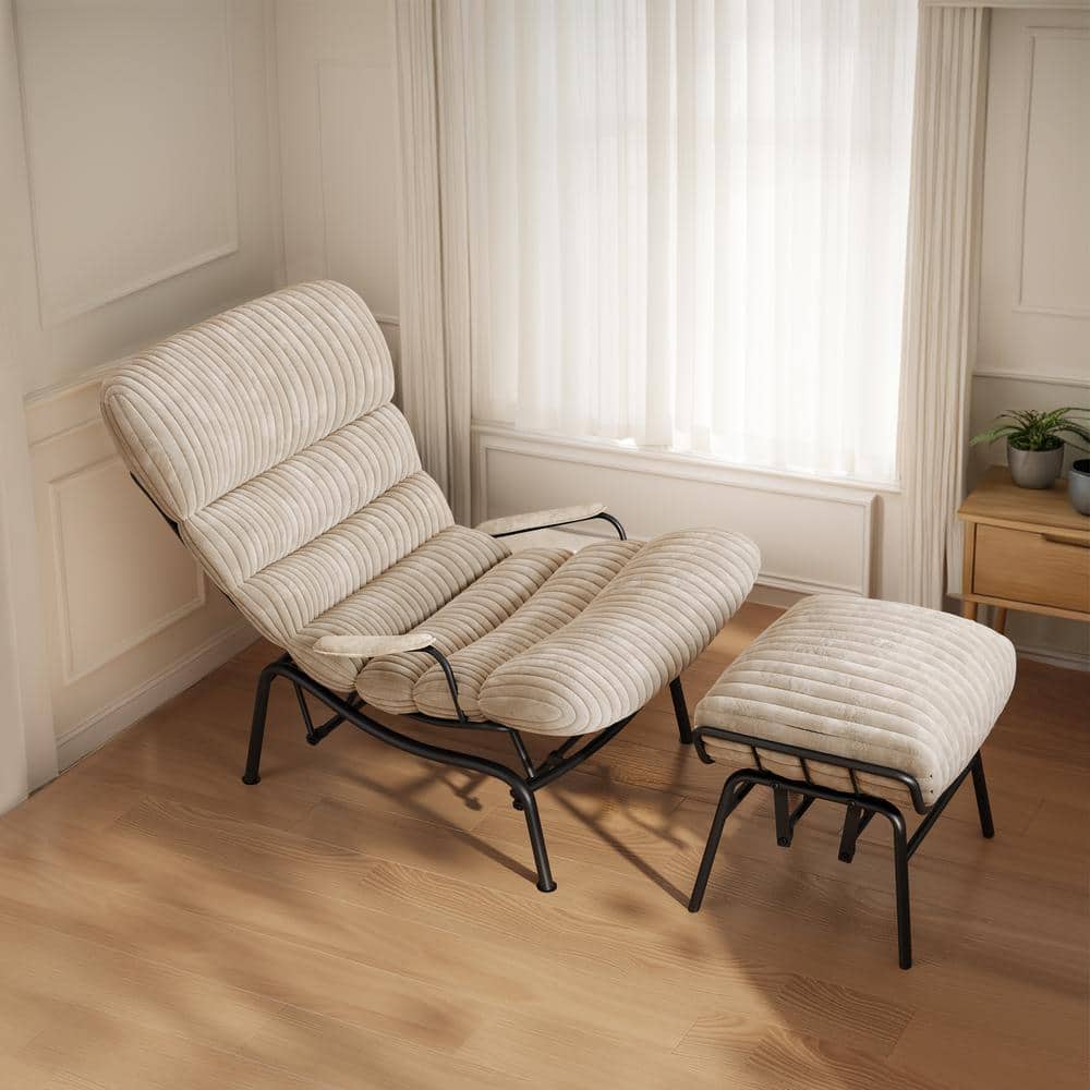 Oren Beige Plush Corduroy Modern Lazy Armchair Recliner Glider Rocking Chai