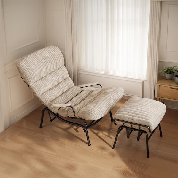 Oren Beige Plush Corduroy Modern Lazy Armchair Recliner Glider Rocking Chair with Ottoman Set for Living Room Bedroom