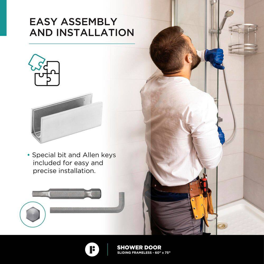 60'' Polished Chrome Frameless Sliding Shower Door with Clear Tempered Glass