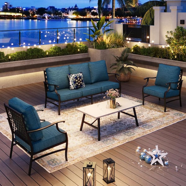PHI VILLA Black 5 Seat 4-Piece Metal Steel Outdoor Patio Conversation Set with Peacock Blue Cushions Table with Marble Pattern Top