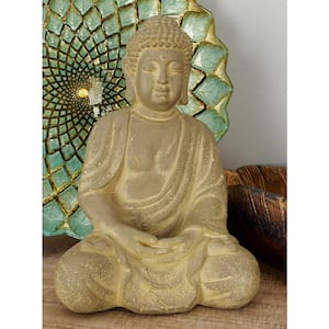Beige Ceramic Meditating Buddha Sculpture with Engraved Carvings and Relief Detailing