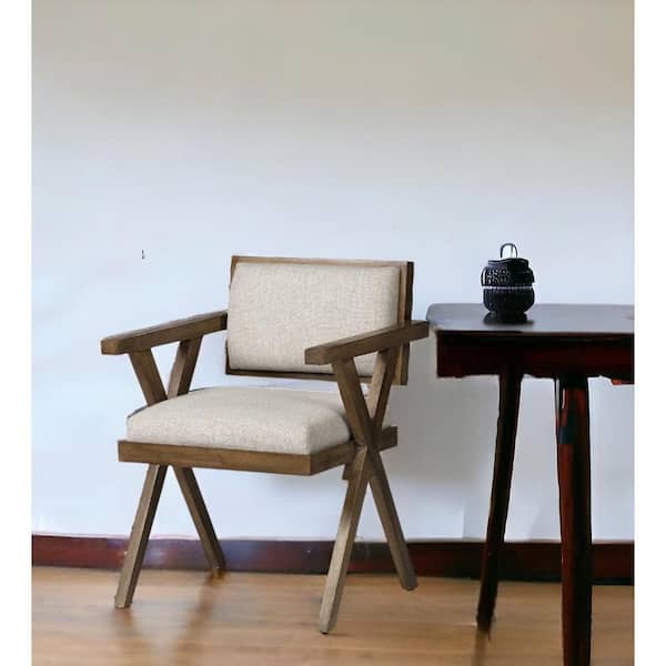 HomeRoots Cream And Brown Upholstered Fabric Open Back Arm Chair