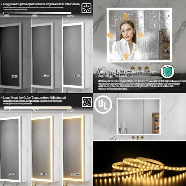 36 in. W x 30 in. H Rectangular Silver Aluminum Recessed/Surface Mount Dimmable Medicine Cabinet with Mirror & Defogger