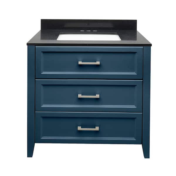 Amluxx Capri 31 in. W x 22 in. D x 36 in. H Bath Vanity in Navy Blue with Quartz Stone Vanity Top in Galaxy Black