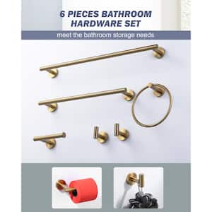 6-Piece Wall Mount Bath Hardware Set with Towel Ring, Toilet Paper Holder, Towel hook and Towel Bar in Brushed Gold