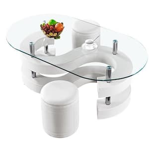 49.2 in. Oval Tempered Glass Coffee Table with 2 Leather Stools in White