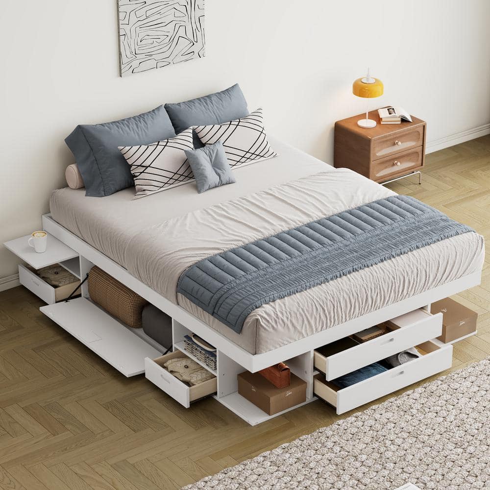 Harper & Bright Designs White Wood Frame Queen Size Platform Bed with