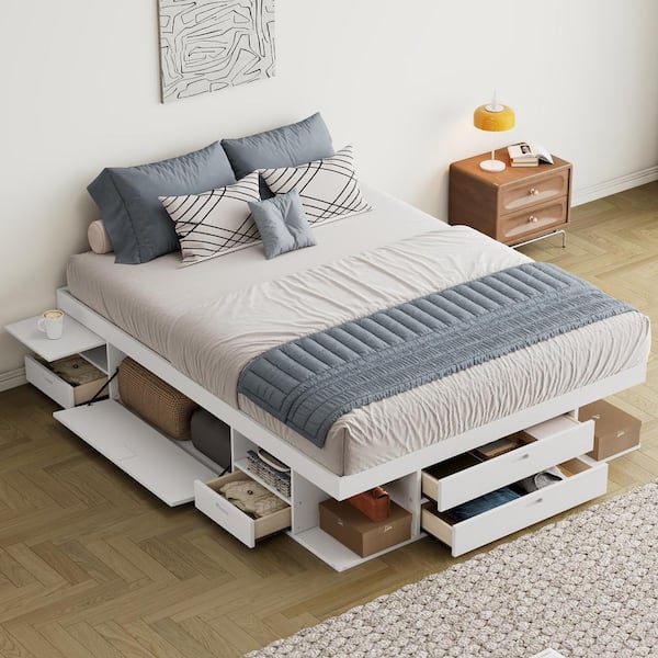 White Wood Frame Queen Size Platform Bed with Multiple Storage Drawers, Cabinets and Shelves