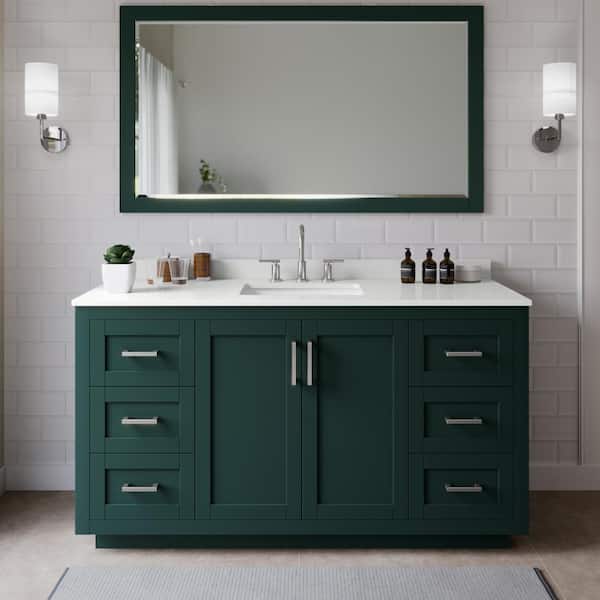 Wyndham Collection Miranda 66 in. W x 22 in. D x 33.75 in. H Single Bath Vanity in Green with White Quartz Top and 58 in. Mirror