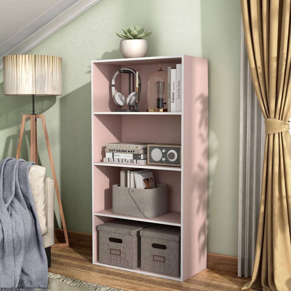 Light Pink Stackable 4-Tier Wood Cube Bookcase for Kids
