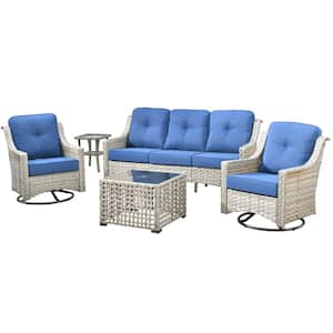 Verona Grey 5-Piece Wicker Modern Outdoor Patio Conversation Sofa Seating Set with Swivel Chairs and Navy Blue Cushions