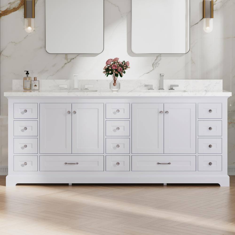 Pure 84 in. Double Sink Freestanding White Solid Wood Bath Vanity with White Carrara Marble Top (Assembled) price history on PriceWatchPro