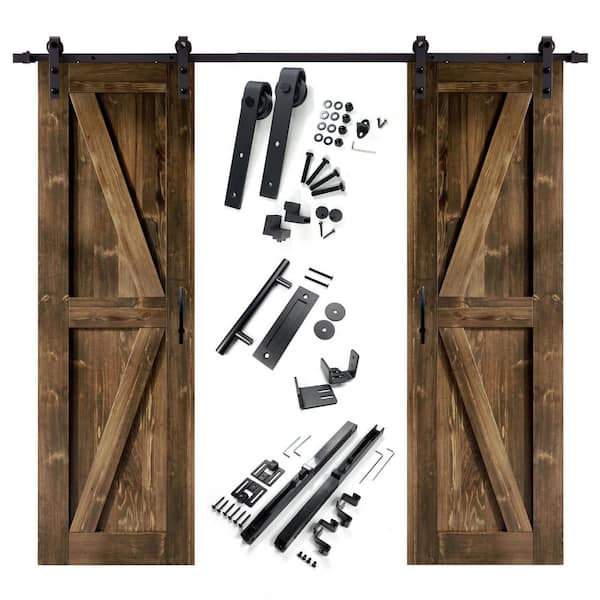 HOMACER 30 in. x 84 in. K-Frame Walnut Double Pine Wood Interior Sliding Barn Door with Hardware Kit Non-Bypass