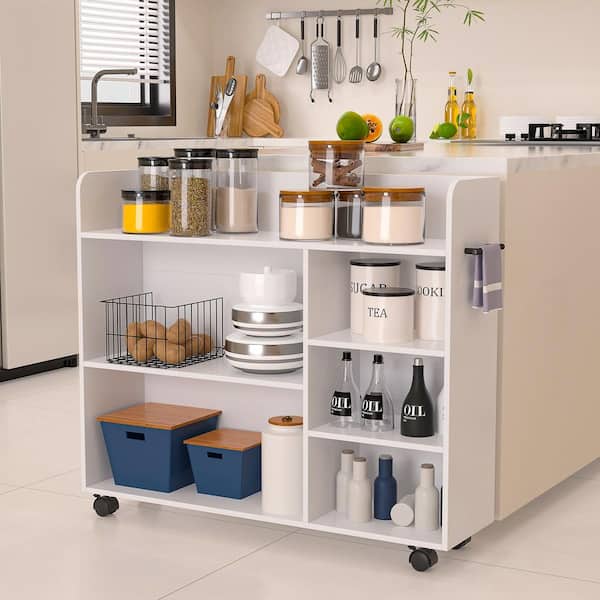 Wood Rolling Library Book Cart with Lockable Wheels and Adjustable Shelves, White Bookcase 25.6 in. Tall