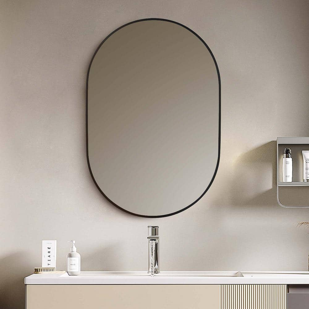 FUNKOL 24 In Stainless Steel Matte Black Oval Mirror With Frame   Black Vanity Mirrors Lhmirror 64 1000 