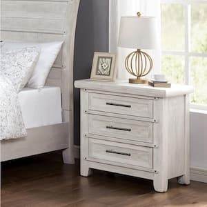 Carter Antique White 3-Drawer Nightstand with USB Ports 28 in. H x 28 in. W x 17 in. D