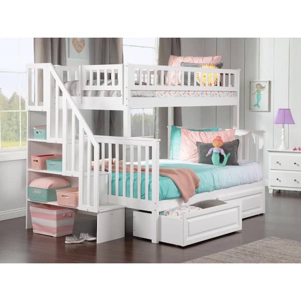 AFI Woodland Staircase Bunk Bed Twin over Full with 2 Raised Panel Bed Drawers in White