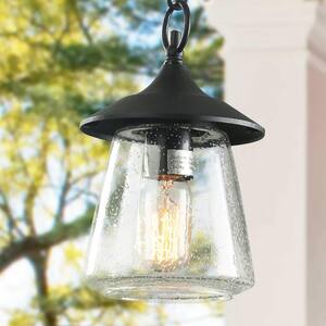 Modern Farmhouse Black Outdoor Pendant Light for Covered Porch Gazebo, 1-Light Hanging light with Seeded Glass Shade