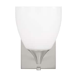 Toffino 6 in. W x 8.875 in. H 1-Light Brushed Steel Bathroom Wall Sconce with Milk Glass Shade