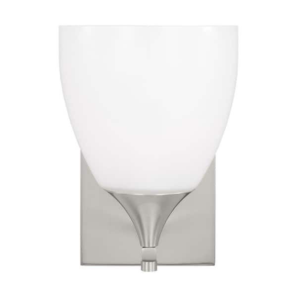 SCOTT LIVING Toffino 6 in. W x 8.875 in. H 1-Light Brushed Steel Bathroom Wall Sconce with Milk Glass Shade