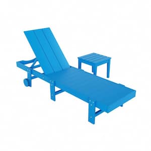 Shoreside 2-Piece Modern Plastic Outdoor Reclining Chaise Lounge With Wheels and Side Table in Pacific Blue