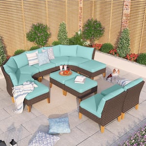 Brown Rattan Wicker 11 Seat 11-Piece Steel Patio Outdoor Sectional Set with Blue Cushions