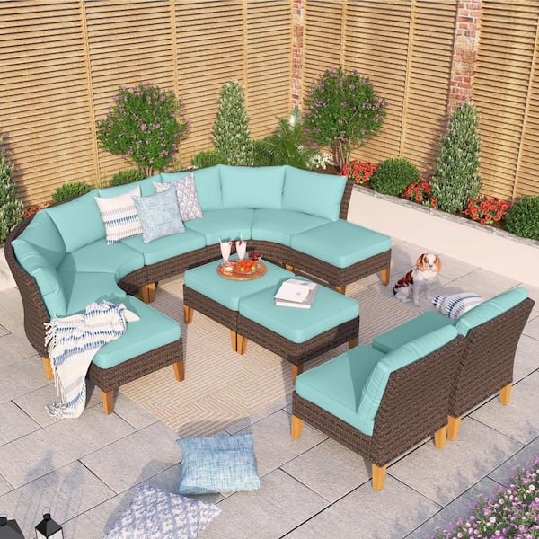 PHI VILLA Brown Rattan Wicker 11 Seat 11-Piece Steel Patio Outdoor Sectional Set with Blue Cushions