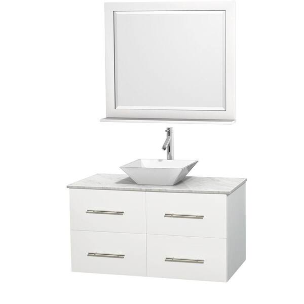 Wyndham Collection Centra 42 in. Vanity in White with Marble Vanity Top in Carrara White, Porcelain Sink and 36 in. Mirror