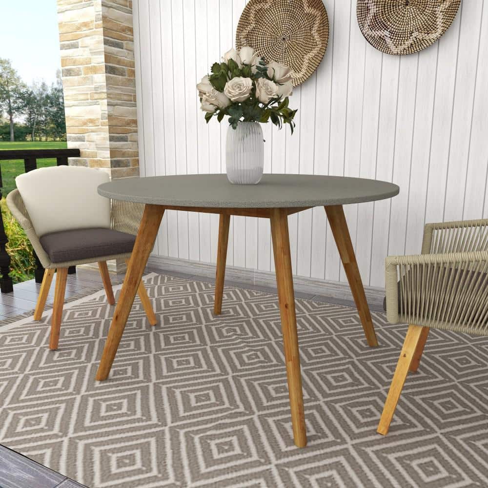 Gray Polycement Top Round Outdoor Dining Table with Acacia Wood Legs