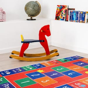 Hopscotch Red 39.5 in. x 59 in. Cotton Washable Educational for Kids Room Area Rug
