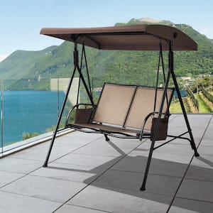 62 in. 2-Person Black Metal Patio Swing Seat Outdoor Porch Swing All Weather Hammock w/Canopy and Storage Pockets Brown