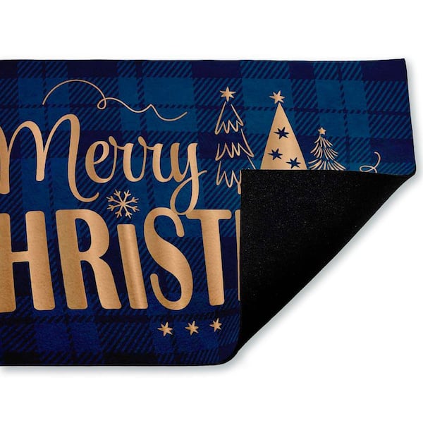 Blue Plaid Merry Christmas Blue 18 in. x 30 in. Polyester Non-Slip Outdoor Door Mat