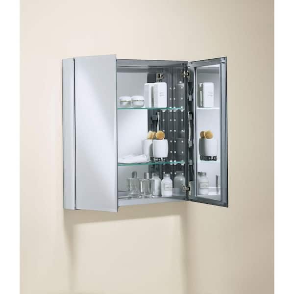 KOHLER Double Door 25 in. W x 26 in. H x 5 in. D Aluminum Cabinet with Square Mirrored Door in Silver