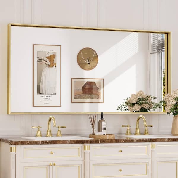 KeonJinn 48 in. W x 24 in. H Rectangular Aluminum Square Corner Framed Wall Mount Bathroom Vanity Mirror in Brushed Gold