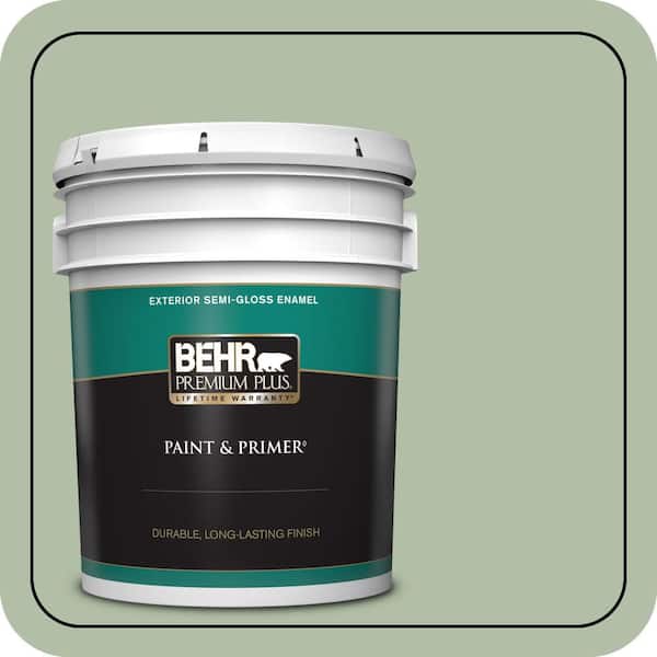 BEHR PREMIUM PLUS 5 gal. #S390-3 Creamy Spinach Semi-Gloss Enamel Exterior Paint & Primer