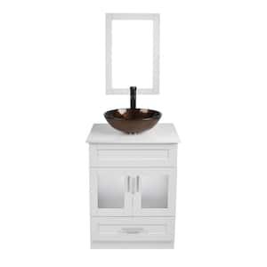 24 in. W x 19 in. D Bath Vanity in White with Solid Surface Vanity Top in White with Single Brown Basin and Mirror