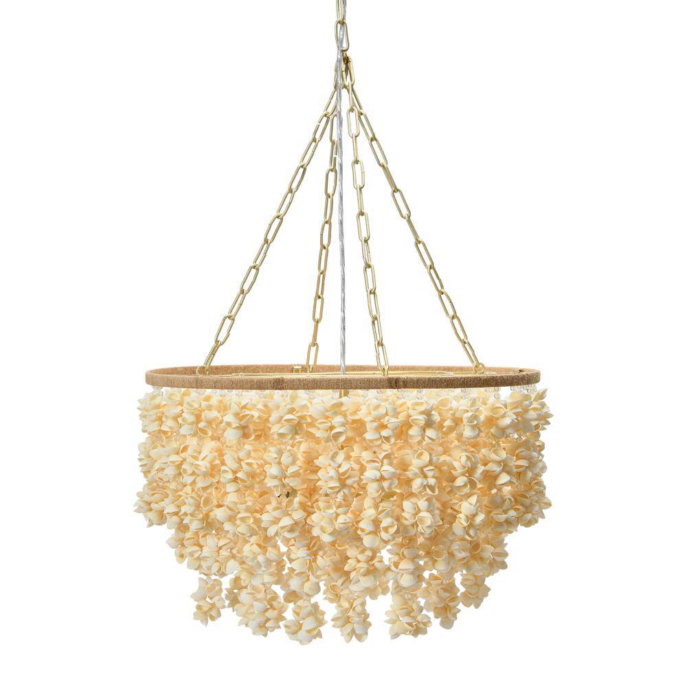 Storied Home 1-Light Brushed Gold Round Chandelier with Metal and Shell Flush Mount Shade