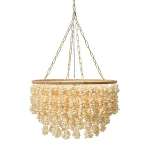 1-Light Brushed Gold Round Chandelier with Metal and Shell Flush Mount Shade