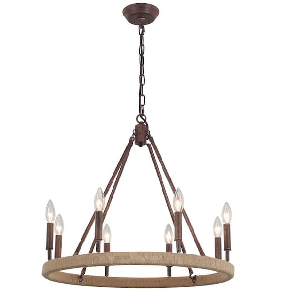 LWYTJO 8 Light Reddish-Rusty Rope Farmhouse Wagon Wheel Candle Style Chandelier for Living Room Kitchen Dining Room Foyer