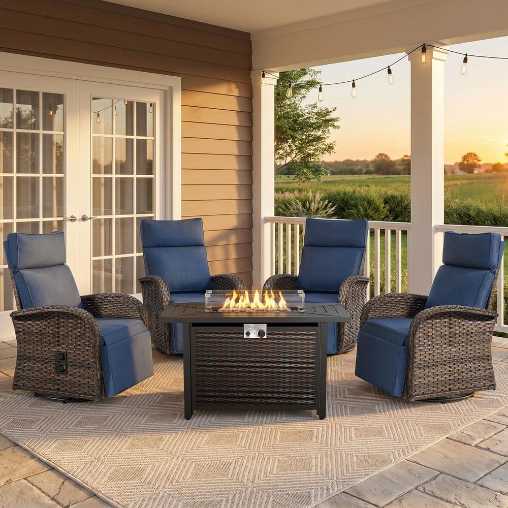 Carlos 5-Piece Patio Fire Pit Conversation Set with Swivel Recliner Chair, Outdoor Sofa Seating Sets with Blue Cushions price history on PriceWatchPro
