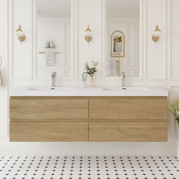 Angela 72 in. W x 18.7 in. D x 20.5 in. H Wall Mounted Floating Vanity Sink Set in Natural Oak with Glossy White Top
