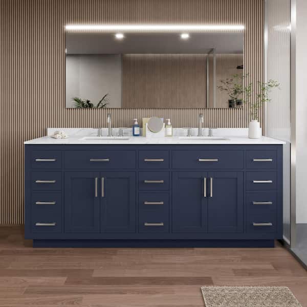 Wyndham Collection Beckett TK 84 in. W x 22 in. D x 35 in. H Double Bath Vanity in Dark Blue with Brushed Nickel Trim Giotto Quartz Top