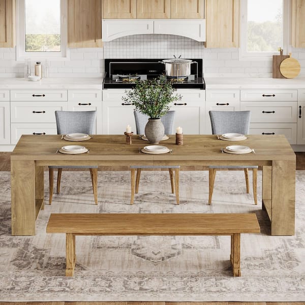 Extra Long Rectangular Wood 86.61 in. 4-Legs Dining Table Seats 6-8, Farmhouse Narrow Kitchen Table with Pedestal Base