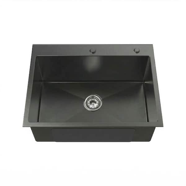 27 in. Drop-In/Undermount Single Bowl Black Metal Kitchen Sink with Drain and Hook
