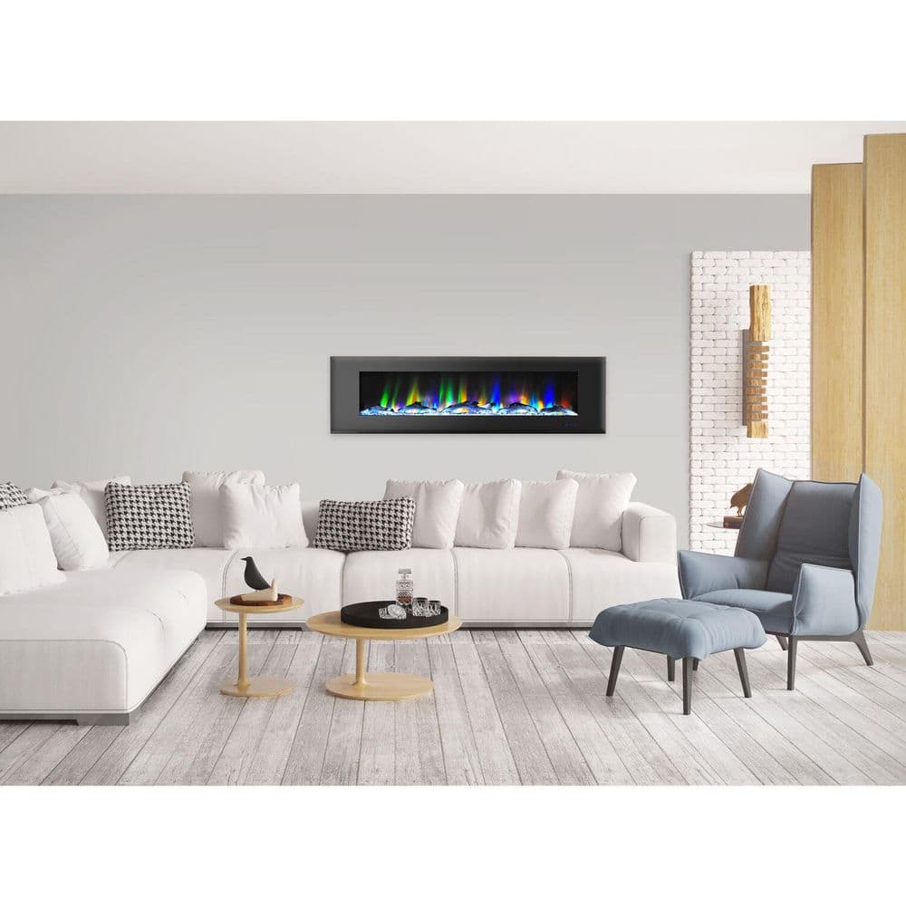 72-Inch Black Wall Mount Electric Fireplace with Multicolor LED Flames