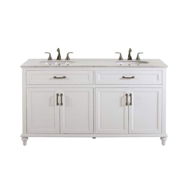 Home Decorators Collection Charleston 61 in. W x 22 in. D Double Bath Vanity in White with Natural Marble Vanity Top in White