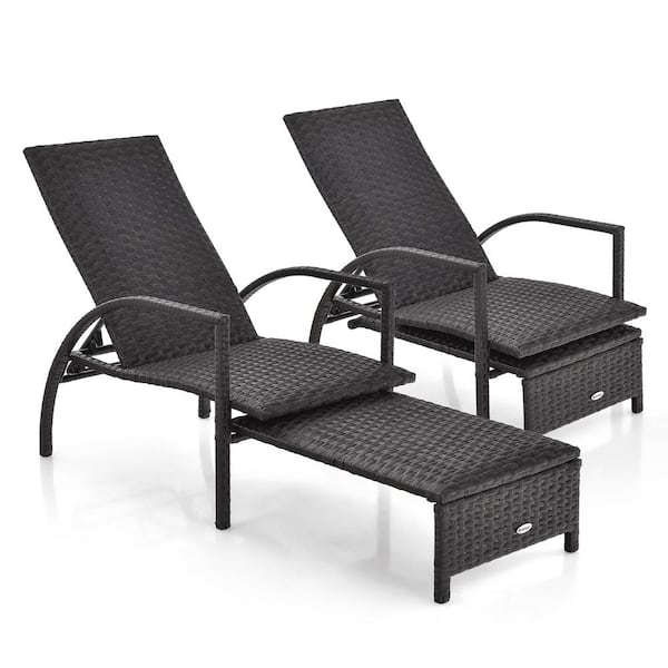 Costway 2-Pieces Patio Wicker Elastic Sponge Outdoor Lounge Chair Back Adjustable with Ottoman