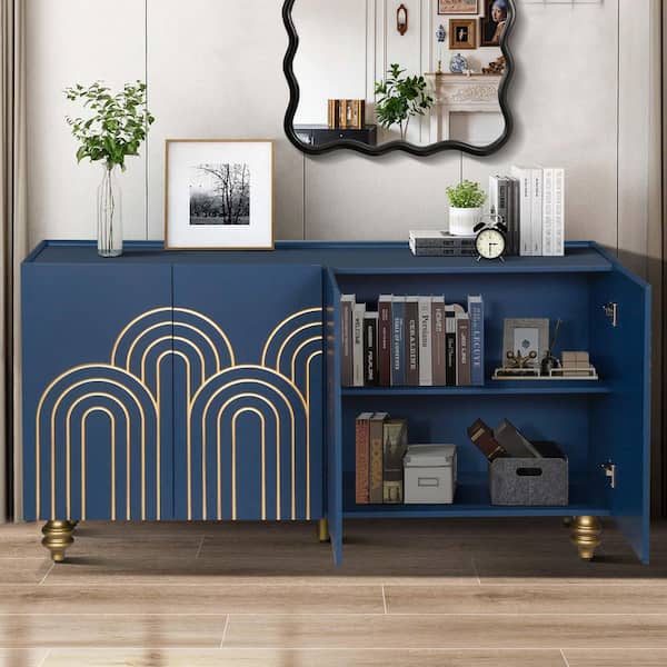 Unbranded Navy Blue MDF 59.8 in. Modern Buffet Sideboard Accent Storage Cabinet Coffee Bar Cabinet with Adjustable Shelves