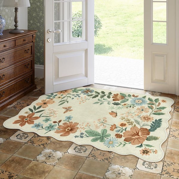 Floral Plant Washable Beige 3 ft. x 5 ft. Area Rug