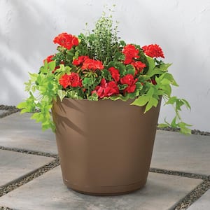 16 in. Kyra Large Chocolate Resin Planter (16 in. D x 14.2 in. H) with Attached Saucer